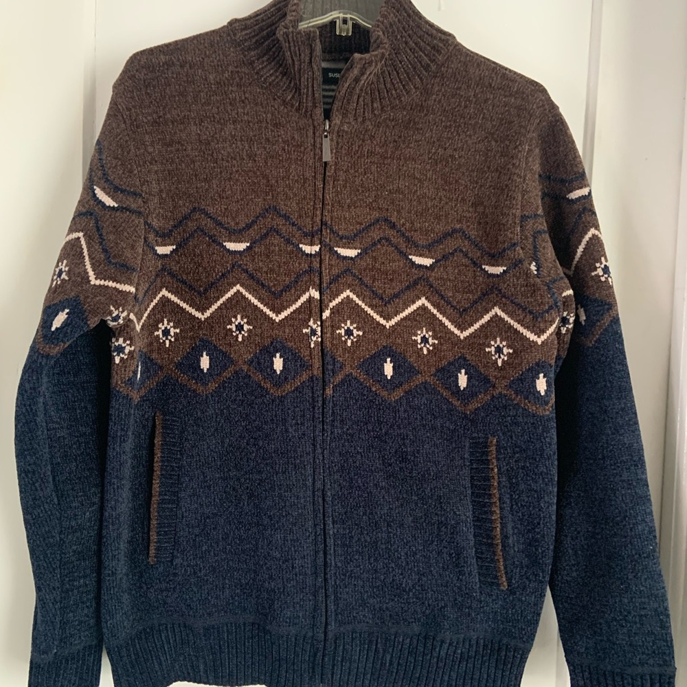 Men's Brown and Blue Patterned Sweater, zip up, pockets, medium, fleece lined,